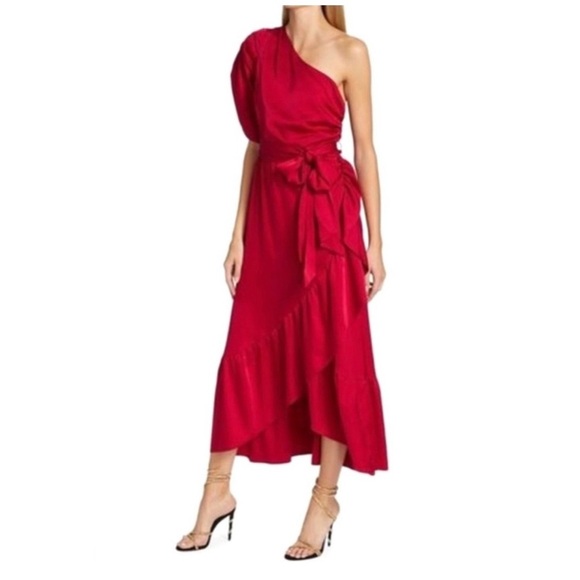 AMUR Red Topanga One-Shoulder Faux Wrap Sexy Cocktail Evening Holiday Dress Sz 2 - Picture 12 of 16